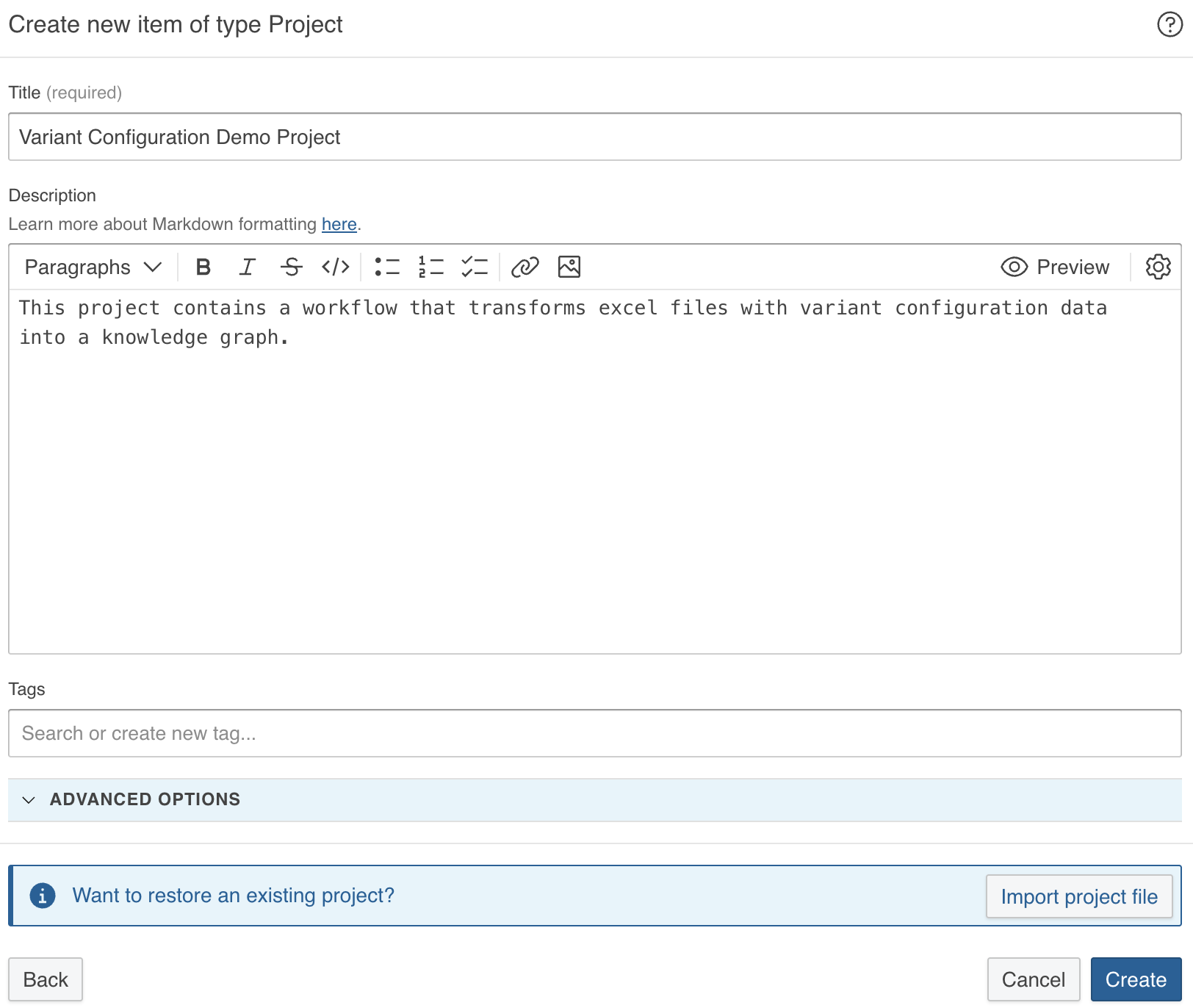 Create new item of type project
