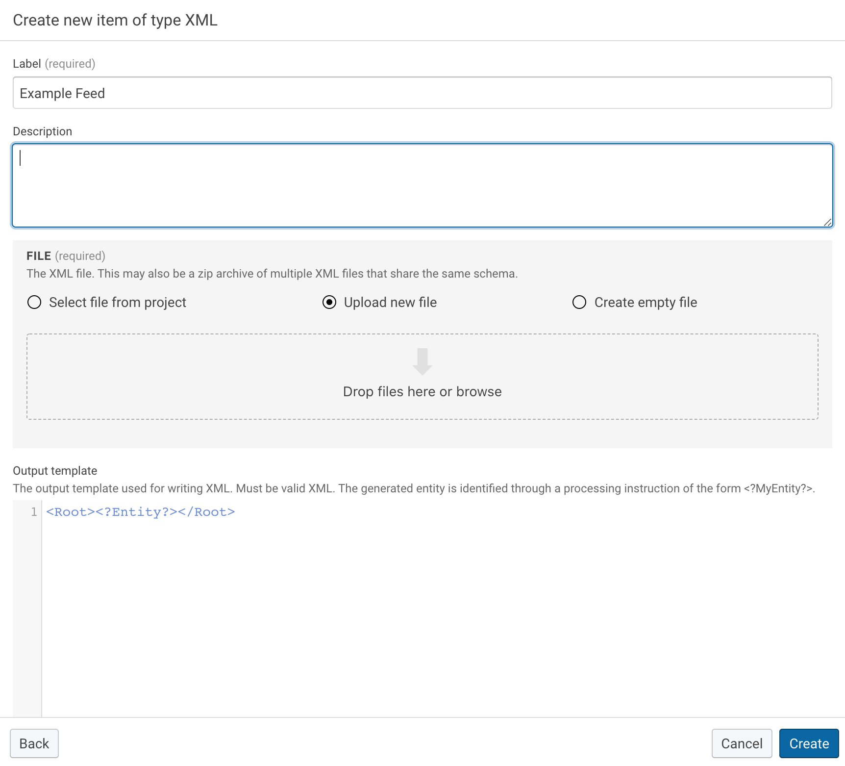 Create XML dataset dialog