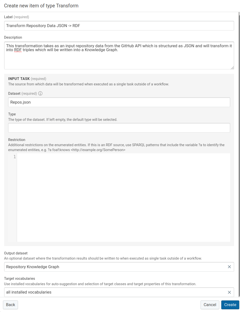 Transformation task configuration