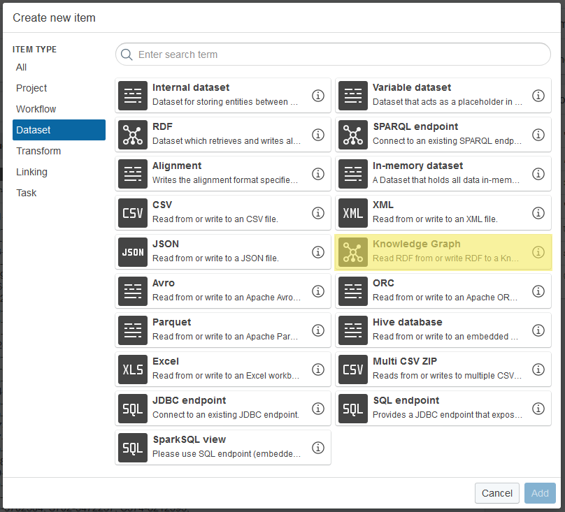 Dialog to create new Knowledge Graph dataset