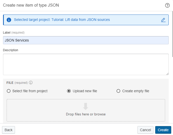 Dialog to create new JSON dataset