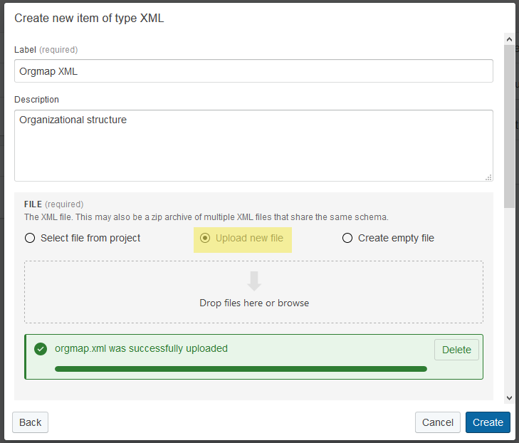 Dialog to create new XML dataset