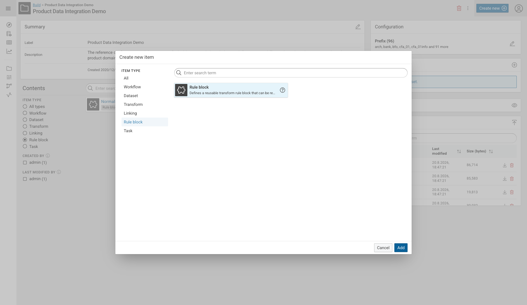 The Create new item dialog with the Rule block item type selected