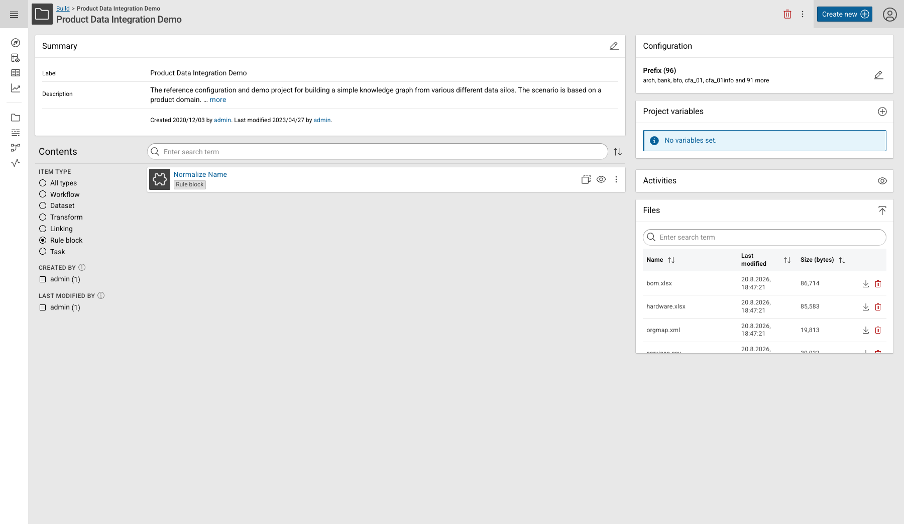 The project contents, filtered to rule blocks