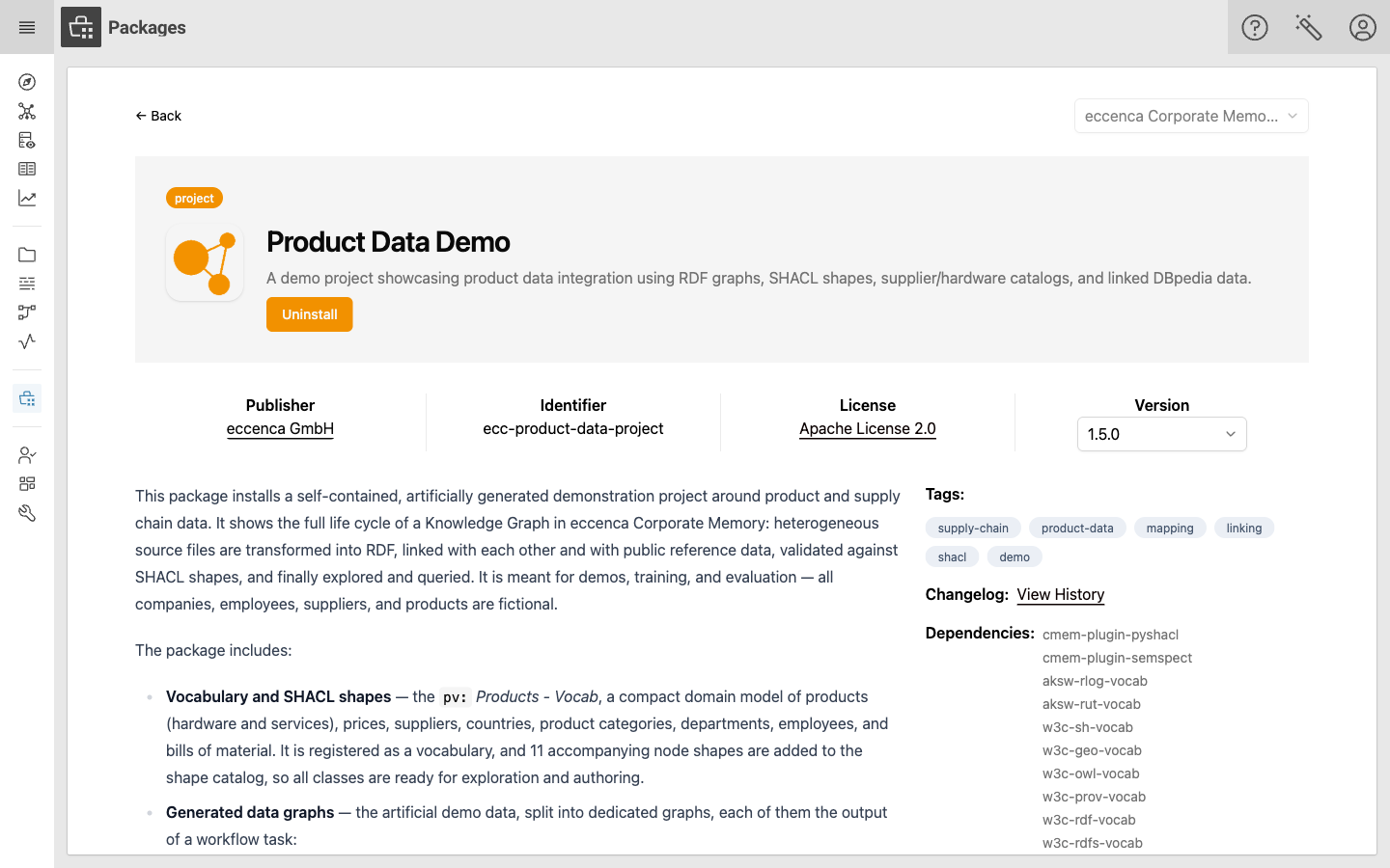The details page of the Product Data Demo package